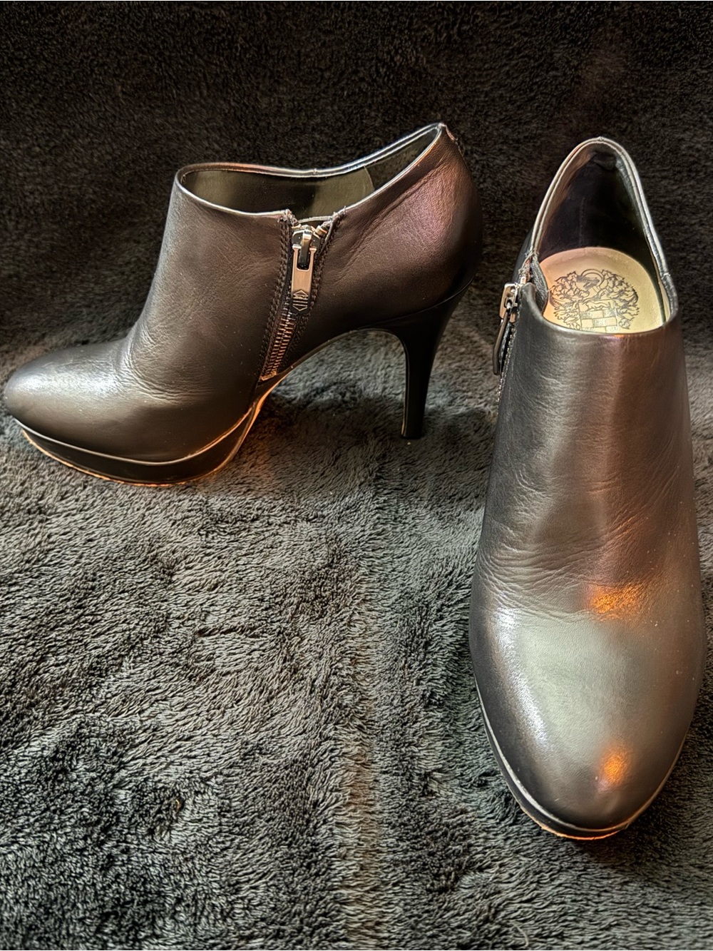 Vince Camuto Elvin Black Leather Stiletto Ankle Booties with Side Zipper